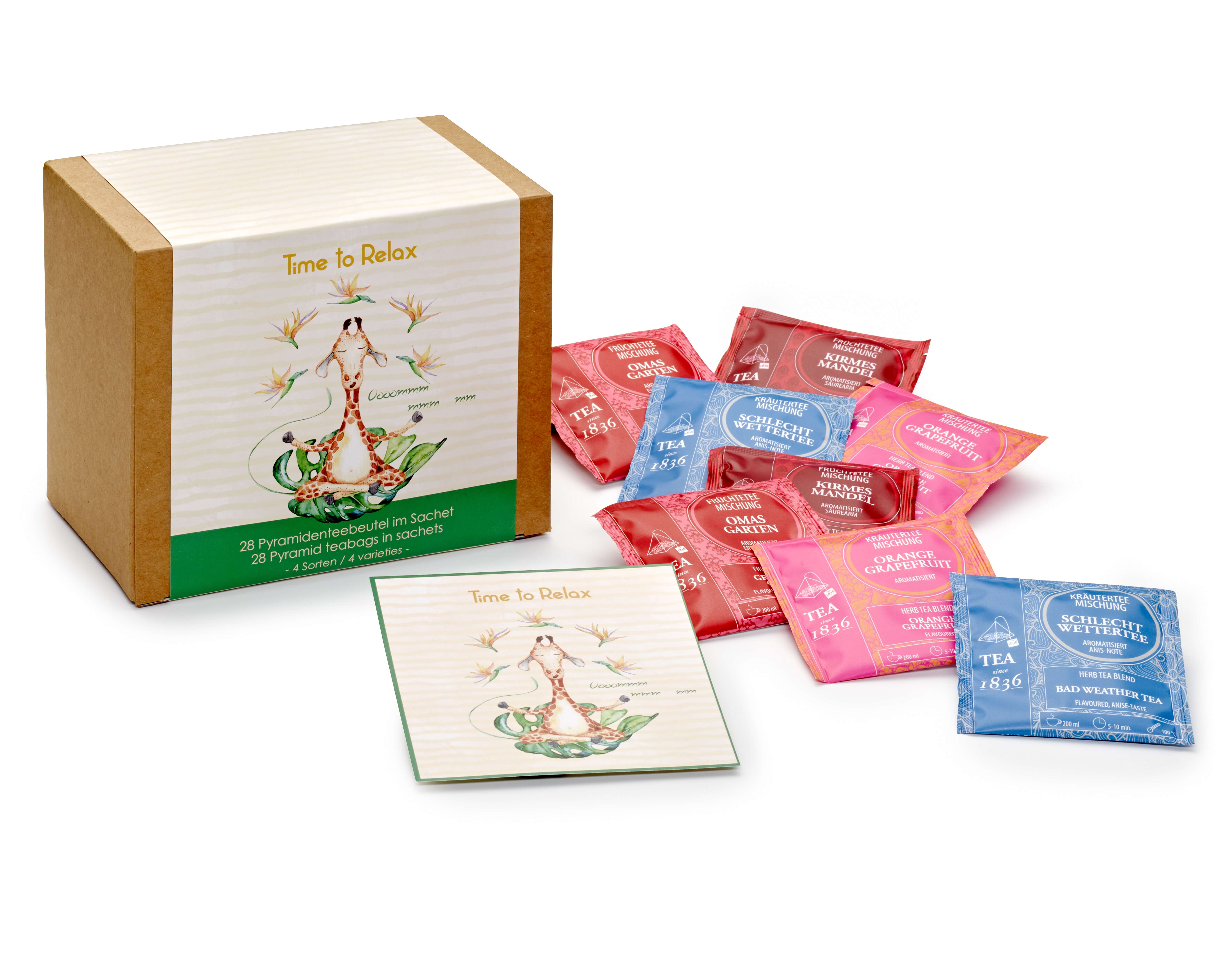 Geschenkbox "Time to Relax" 28 Pyramidenbeutel im Sachet 