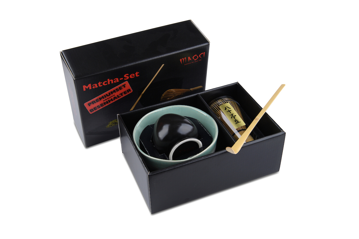 Matcha-Schale Premium Komplett-Set grün-weiss-schwarz