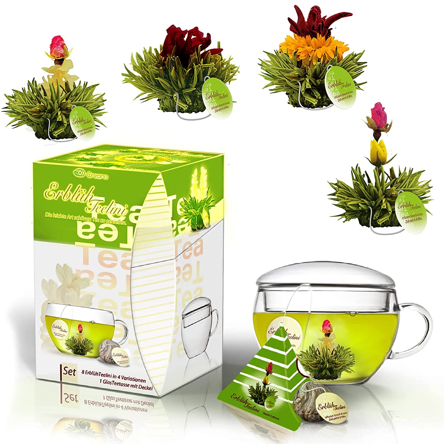 ErblühTeelini Teeblumen Geschenkset mit Teeglas und 8 Teeblumen im Tassenformat