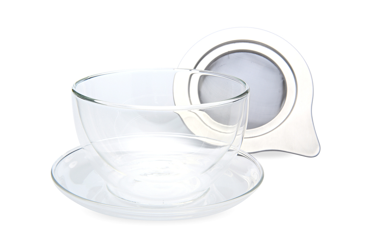 Teetasse aus Glas mit Edelstahl Teefilter
