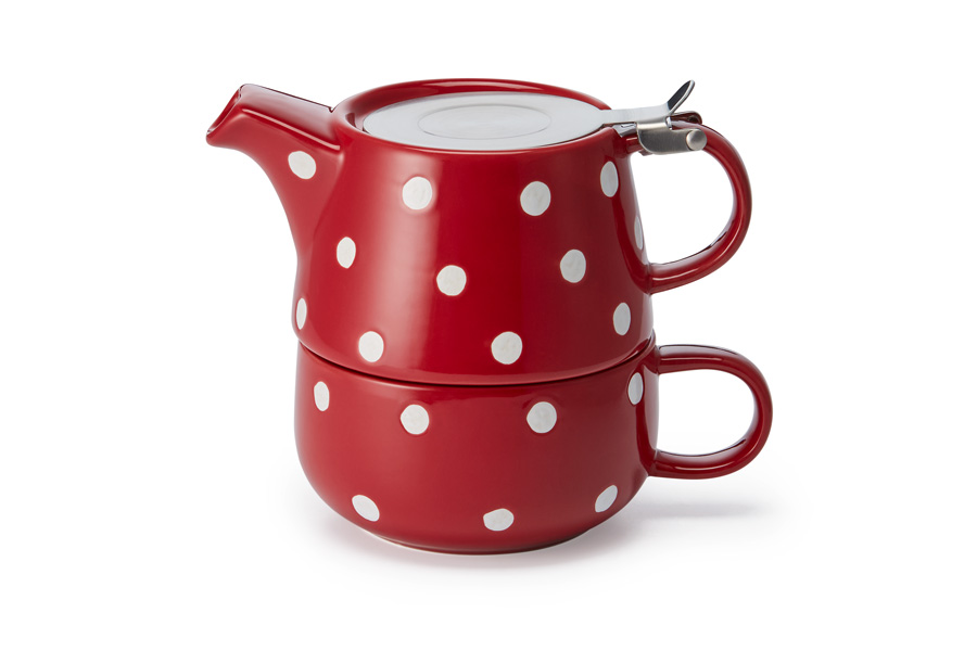 Tea for one Set "Lou" Keramik, 4-teilig Kanne: 0,45 l, Tasse: 0,25 l rot-weiss